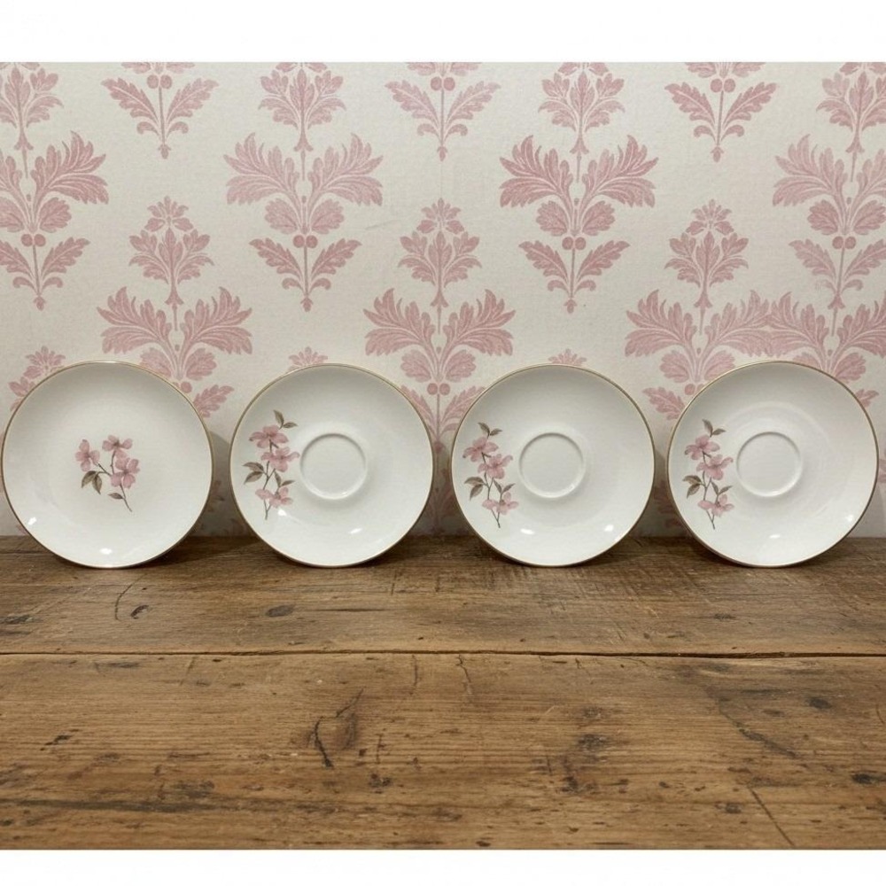 Edwin M Knowles Semi-Vitreous Pink Floral Dishes, 3 Saucers & 1 Bread Plate